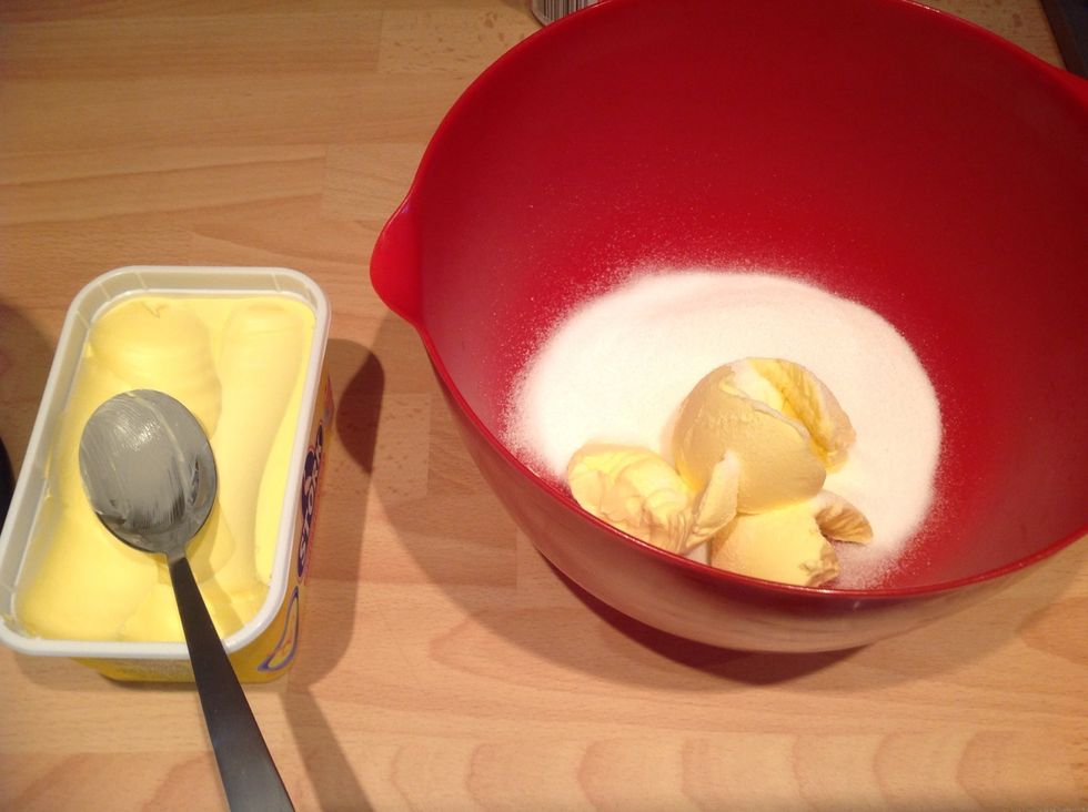 Preheat the oven to 180 and in a bowl, beat 150g butter and 150g sugar until smooth