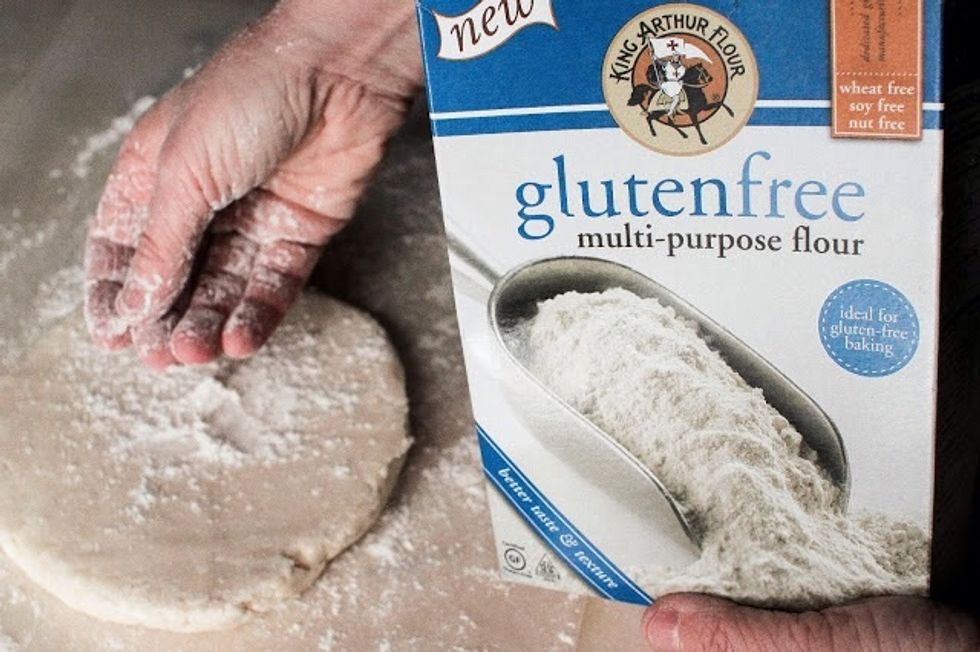 Preheat the oven to 350 degrees. Dust a piece of waxed paper with gluten free flour.Place the flat round of dough on the paper, sprinkle it with a bit more gluten free flour,