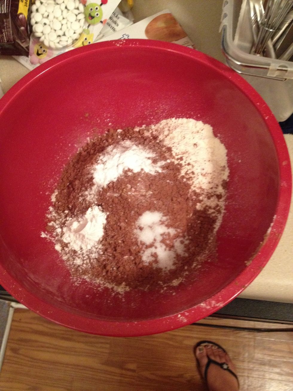 Preheat the oven to 350\u00b0F. grease and flour a 9 x 13" cake pan. In a Large bowl whisk together the flour, cocoa powder, baking soda, baking powder, and salt. Set-aside.