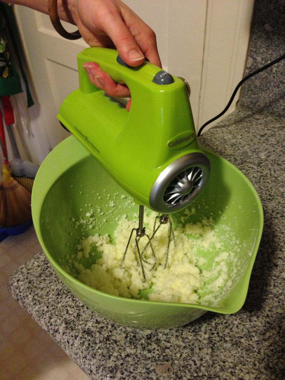 Preheat the oven to 350F then cream the butter and sugar. Beat until the butter is smooth and fluffy. You can do this by hand, but my little whiz makes life easy.