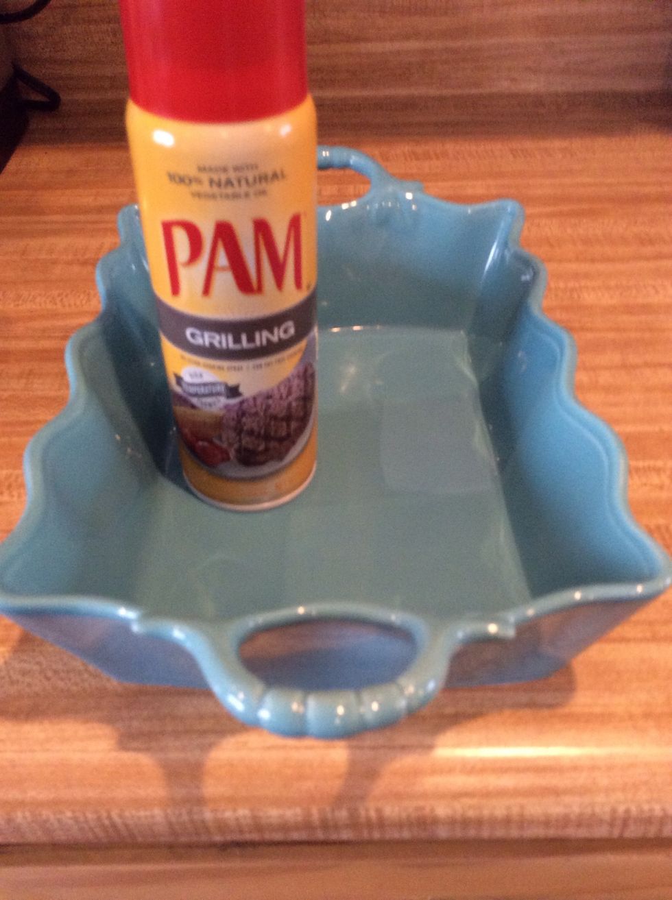 Preheat the oven to 375 degrees and spray your baking dish for easy clean up.