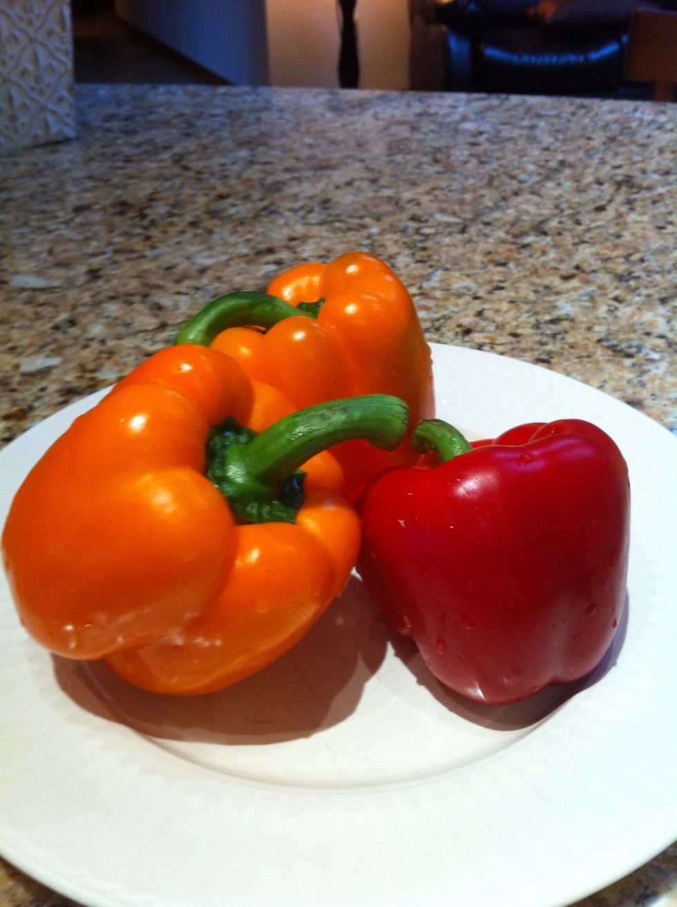 Preheat the oven to 450 degrees. Line a cookie sheet with foil and spray with cooking spray. Wash peppers.
