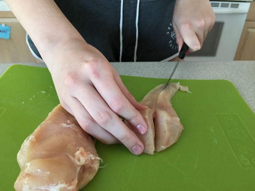 Preheat the oven to 475. Fillet two chicken breasts into 5 pieces each (varies depending on breast size)