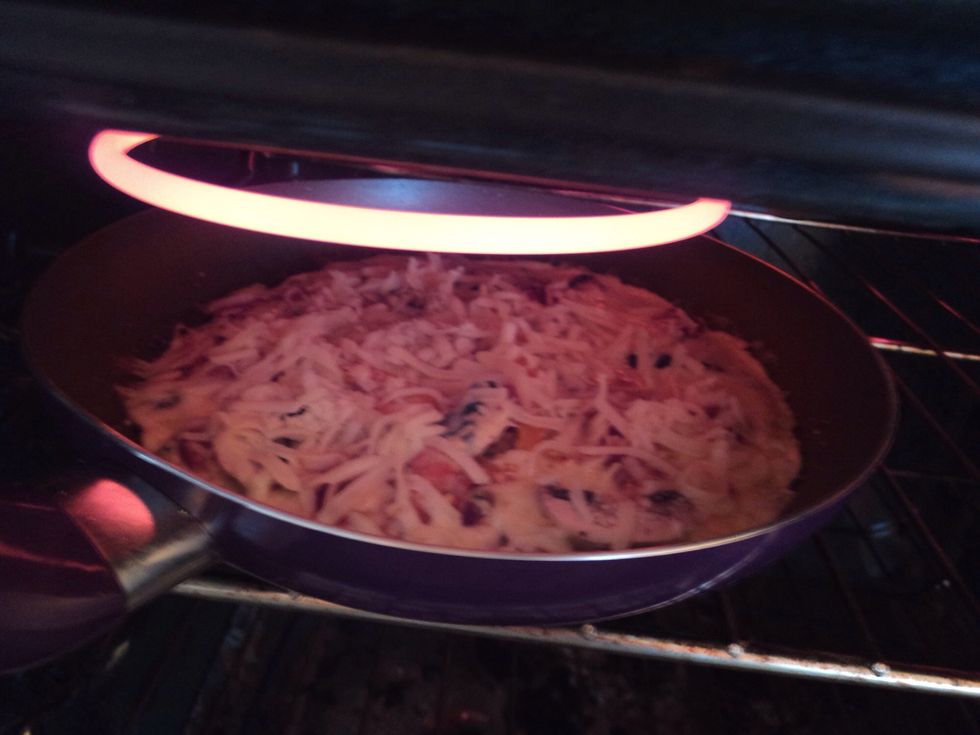 Preheat the oven to BROIL and set one of the racks inside to the highest spot. Ice the oven is hot, toast the top of the omelette under the element.