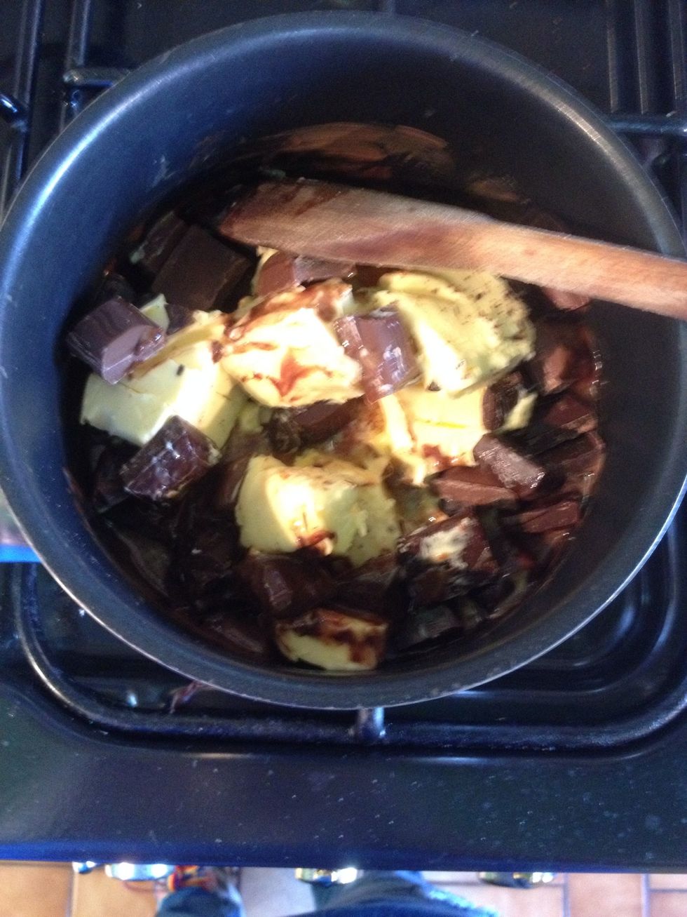 Preheat the oven to gas mark 3/160^C/325^F. Place the butter and chocolate in a saucepan and melt slowly on the lowest heat.