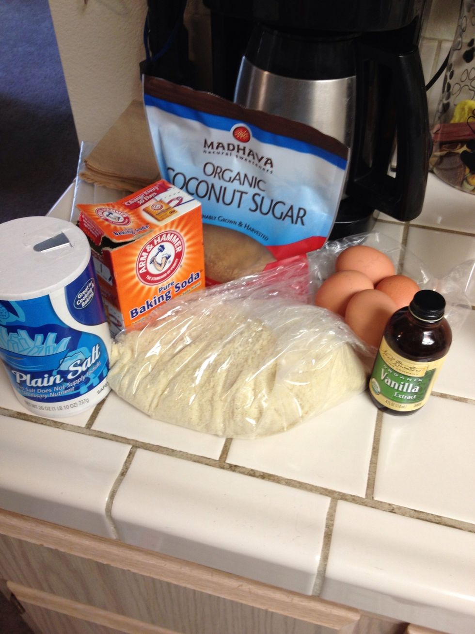 Preheat waffle iron! Then gather ingredients. Recipe calls for honey, so use it if you have it! We just ran out yesterday so I'm using coconut sugar instead.