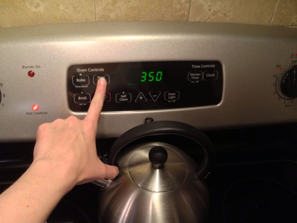 Preheat your oven to 350 degrees Fahrenheit.