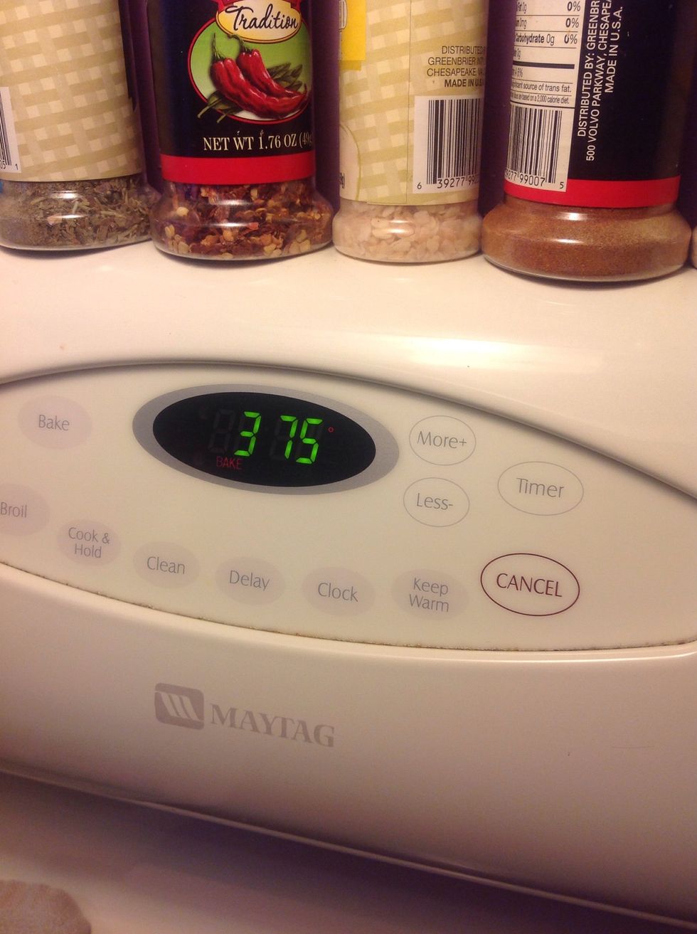 Preheat your oven to 375 degrees, then pop them in and wait about 45-50 min. Or until they're how you like it.