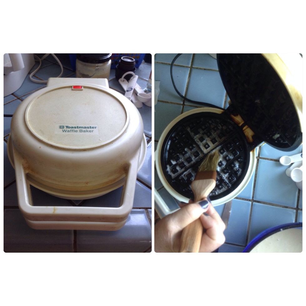 Preheat your waffle iron (ok, so mine is a bit old and funky - but it works!). I use some butter to grease the waffle iron (and for added flavor!)