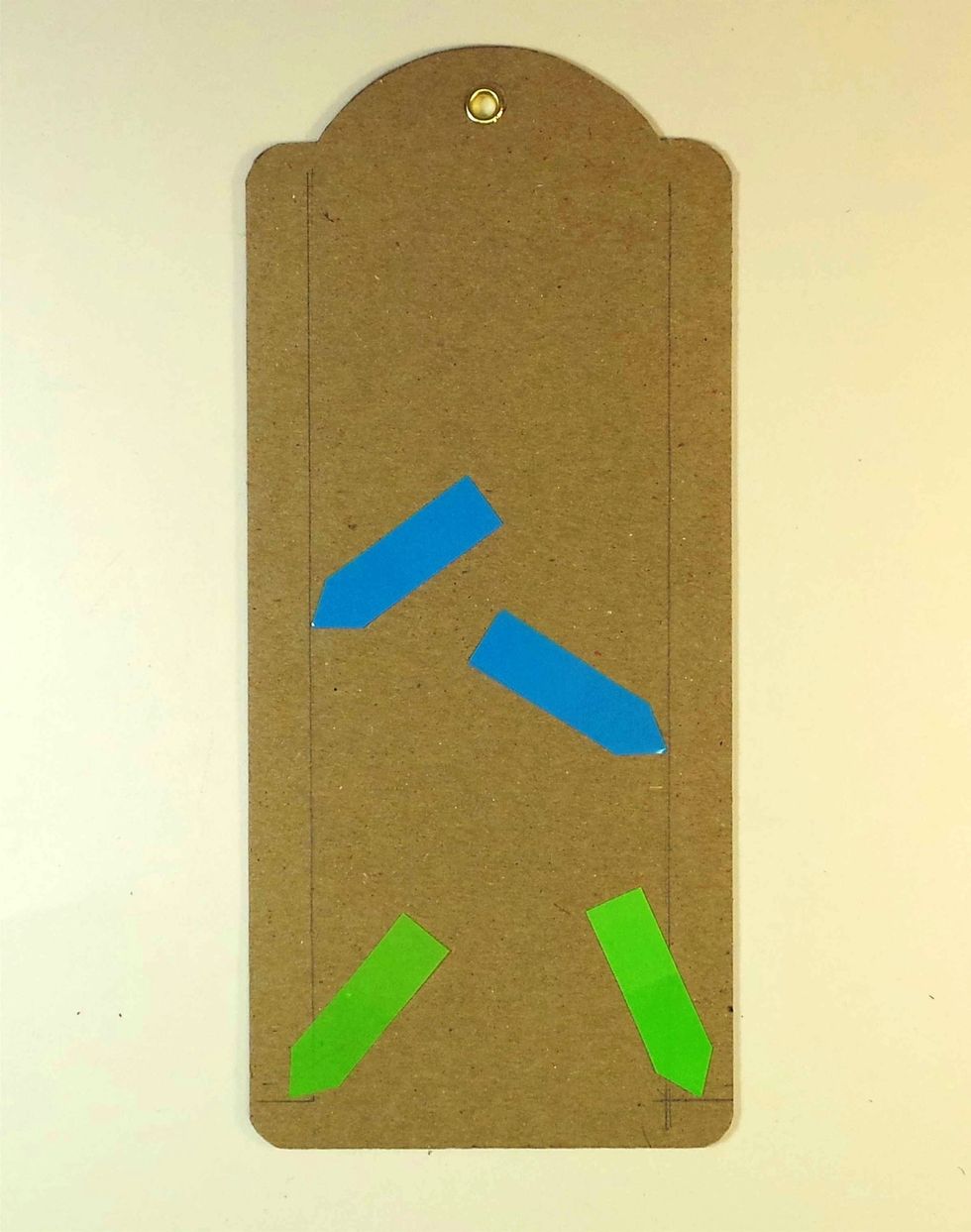 Prep all 6 tags by drawing a pencil line 1/2" from the vertical edges (blue arrows) and tick marks 3/8" from the bottom edge. Do this on both sides of each tag.