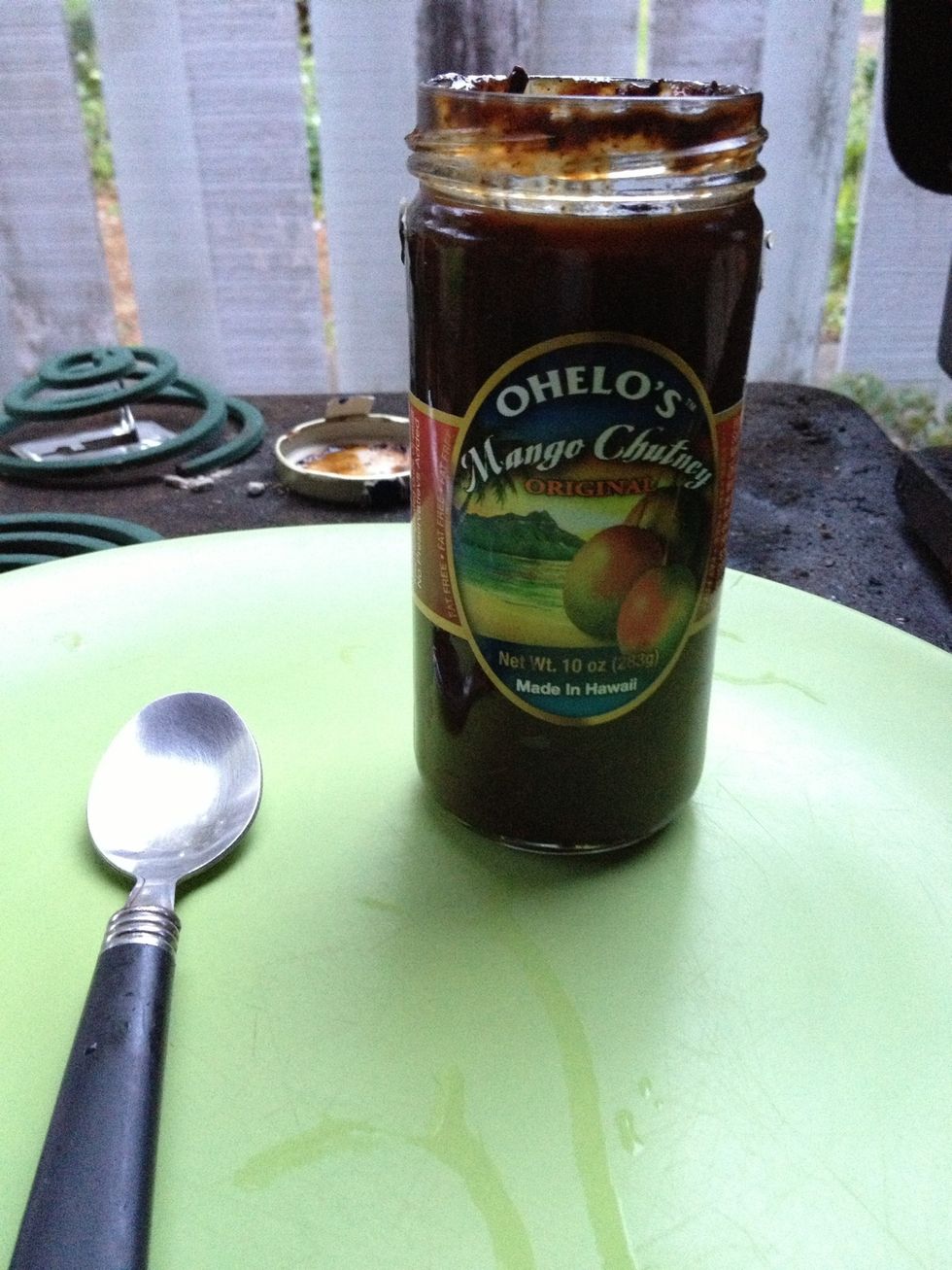 Prep Ohelo's Mango Chutney on plate with tsp. Plate will be used for cooked Pork Filets. Once Pork has cooked for 8-10 minutes, check to ensure broiled char.