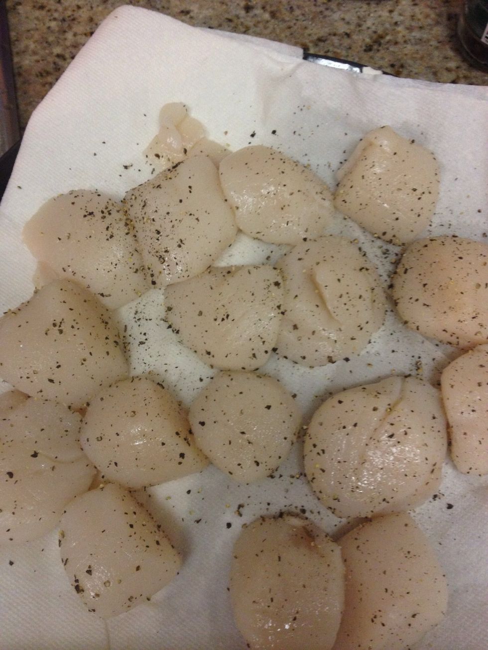 Prep scallops 5 minutes before risotto is finished. I prepped all the scallops this way and kept the rest in the fridge in between rounds. Pull off the tough side muscles, salt & pepper both sides.