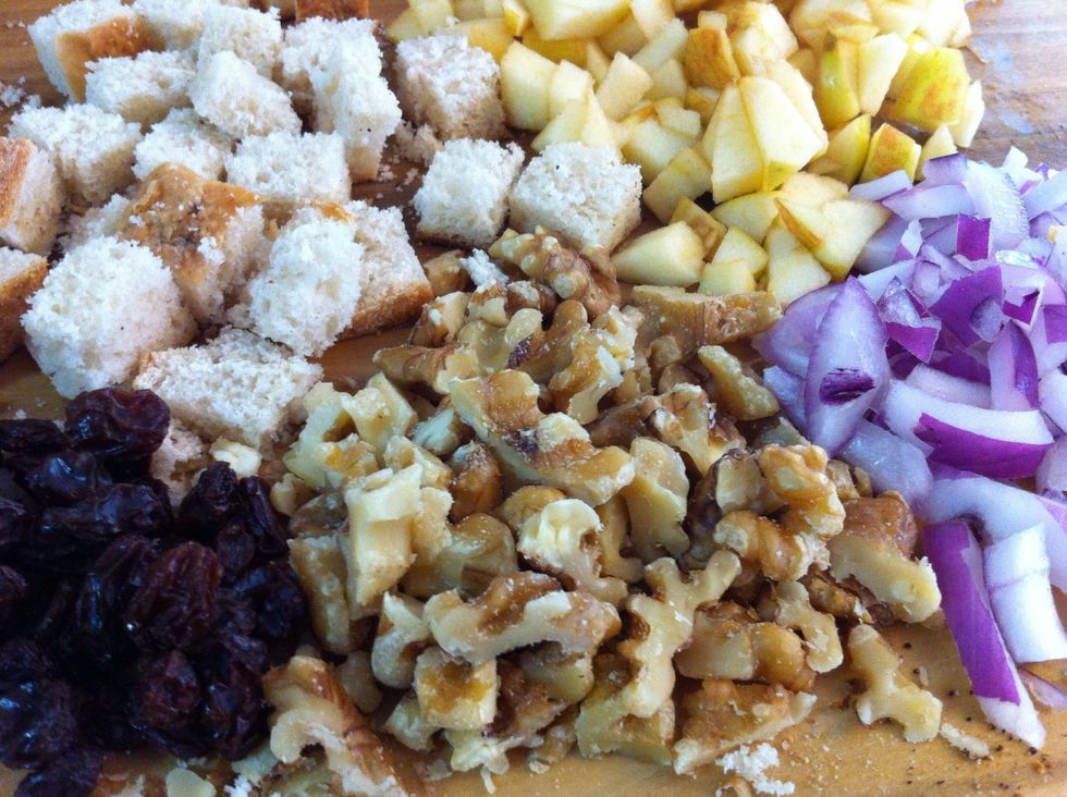 Prep the dry ingredients that you'd like to use. Be creative! Make sure to use some bread or comparable starch to help the stuffing set when cooked.