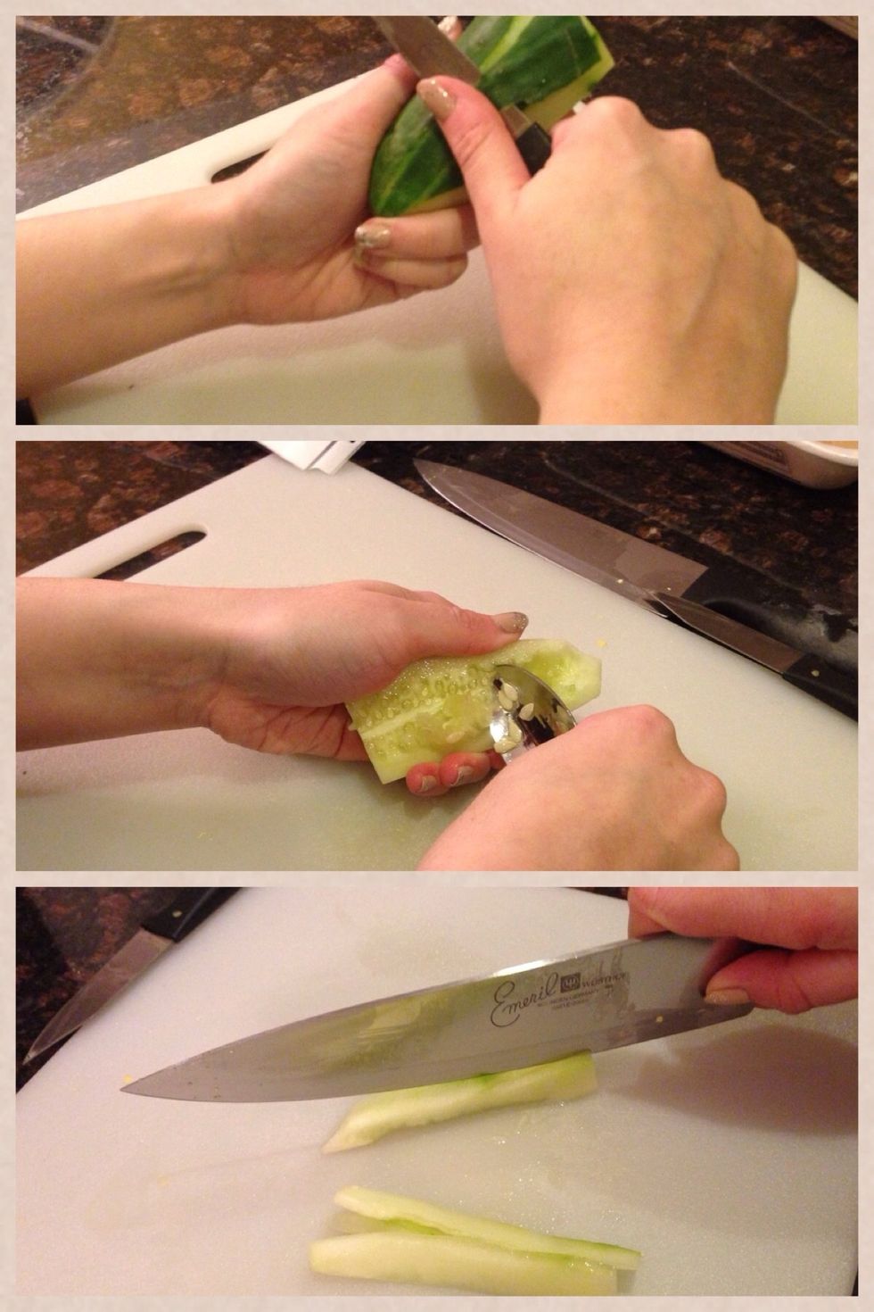 Prep your cucumber by peeling, scooping out the seeds with a spoon, and slicing lengthwise into strips (tap the picture to enlarge).