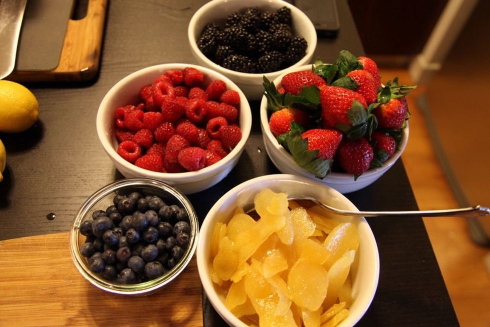 Prep your fruit in whatever order you prefer. Place on skewer one by one for a mixture of flavor and color.