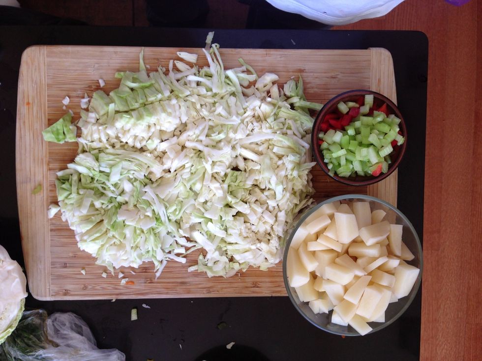 Prep your other veggies. Mince cabbage, cut up potatoes in small wedges (about an inch long) . Cut up a celery stick and half of a bell pepper into small pieces.