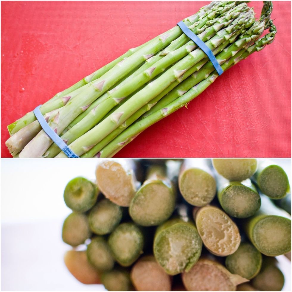 Preparation: I rinsed off my asparagus and placed my bunch on a cutting board. Look at how thick the bottoms are compared to the tips. It's important to cut off excess to make them even.