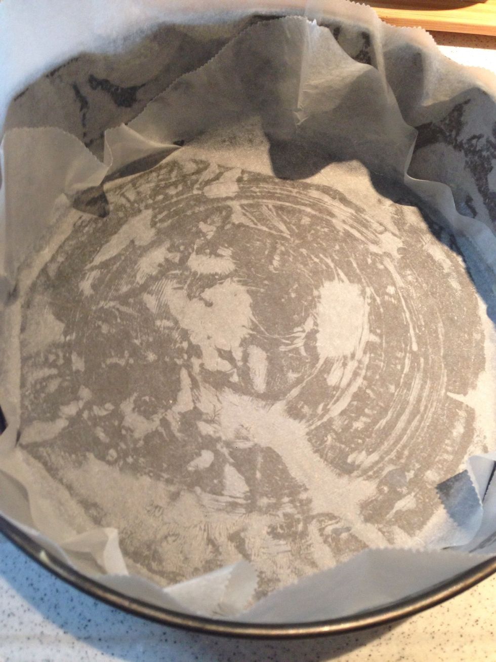 Prepare a 8inch round Teflon tin and line with parchment paper. Set aside.