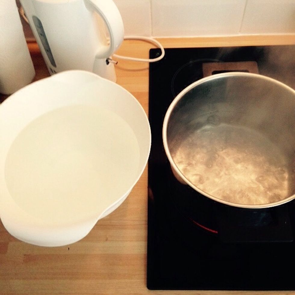 Prepare a large pot with salted boiling water and a bowl with cold water right next to it, you will have to act fairly quickly, be careful with the hot water.