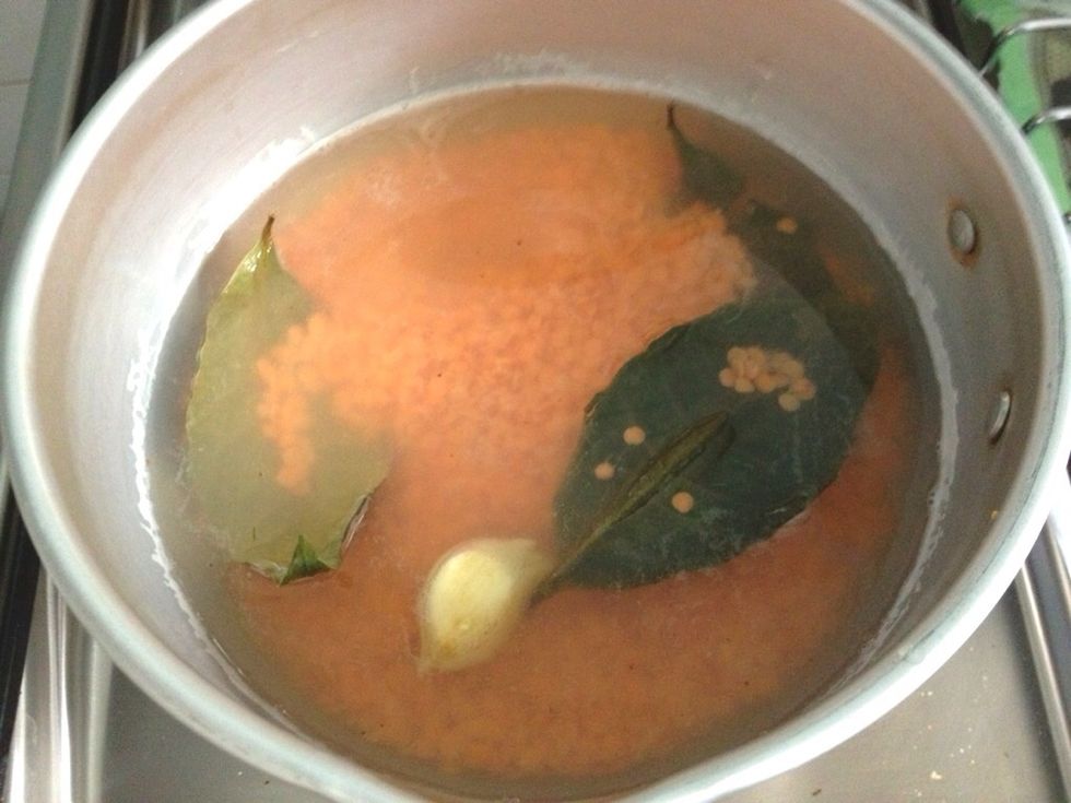 Prepare a medium sauce pan, add in 2 cups of water, drained lentils, 1 clove of garlic (crushed) and 3 bay leaves. Do not add salt on this stage coz salt will keep the lentils crunchy and not soft