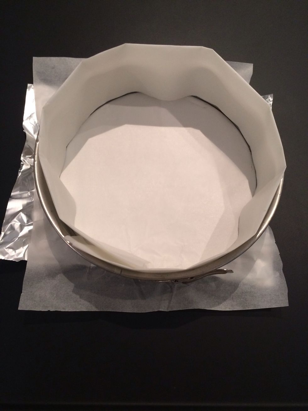 Prepare a spring form mould. Line it with butter paper. And secure the walls with butter