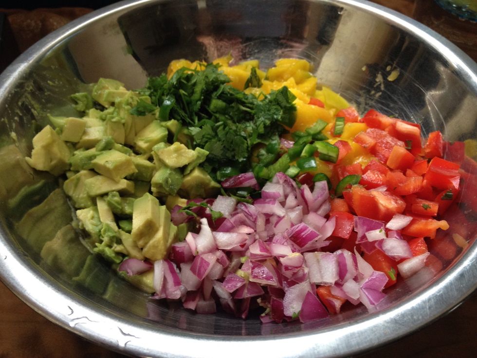 Prepare all chopped ingredients and add to one bowl.  Sprinkle with salt and chipotle  Add lime juice, mix well and refrigerate