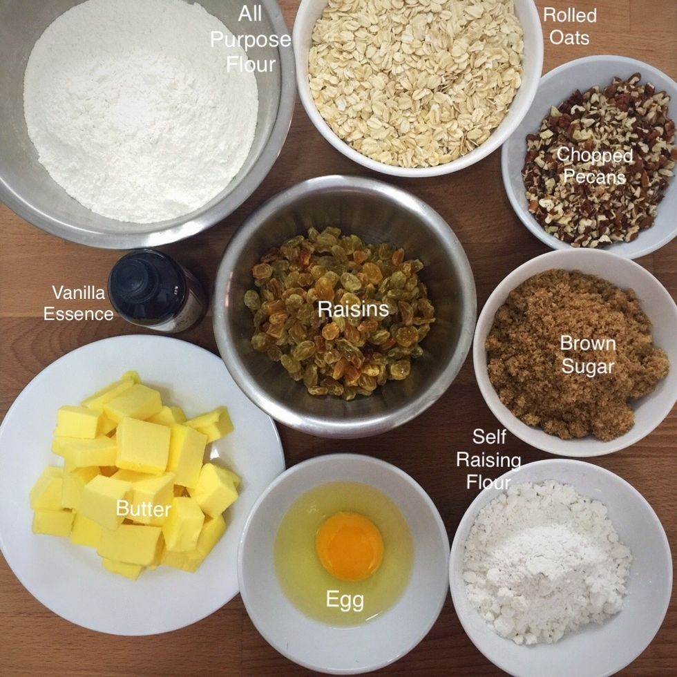 Prepare all ingredients needed to make the oatmeal raisin cookies.