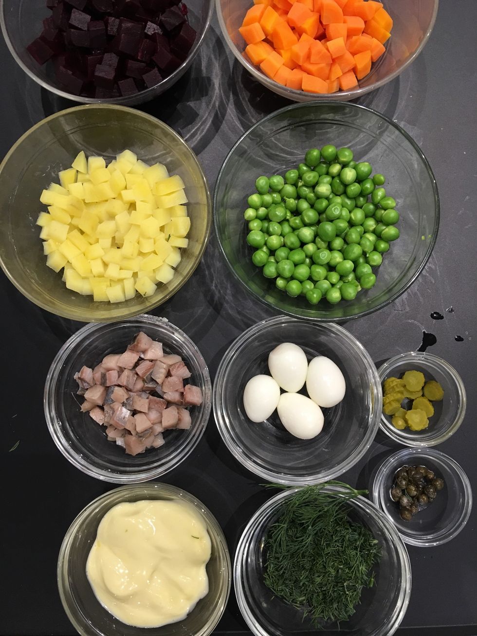 Prepare all the ingredients except the eggs and the beetroot