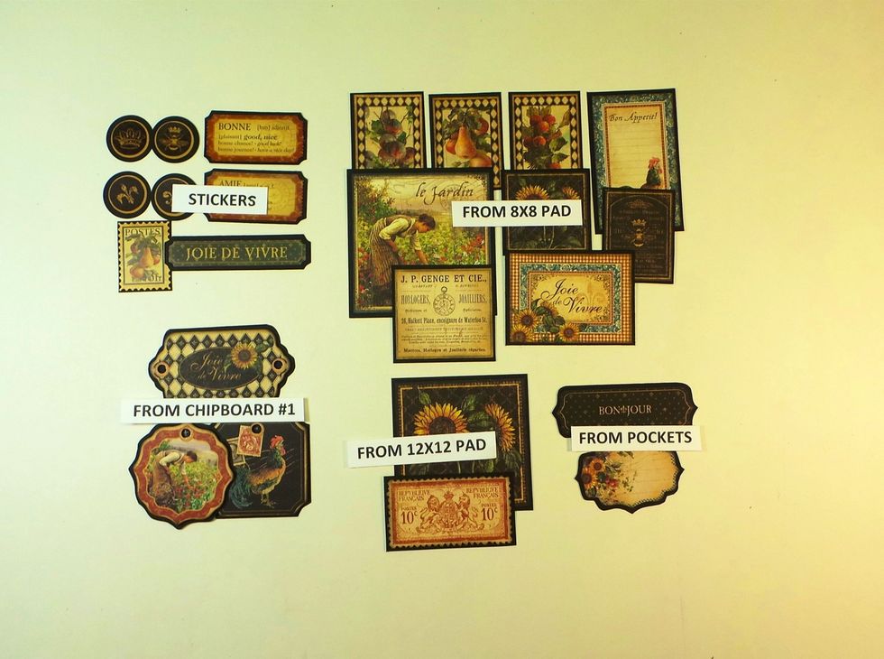 Prepare elements from Graphic 45 French Country paper & accessories as desired. Ink edges if desired and border with 1/16" reveal of black cardstock. Cut four 1" cardstock circles for round stickers