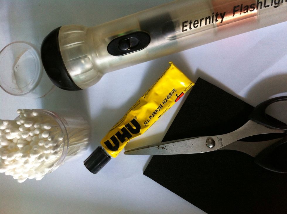 Prepare equipment and tolls : Flashlight, cottonbud box, UHU super glue, scissor or clips, 1mm spon with black color to reduce lighting from outside