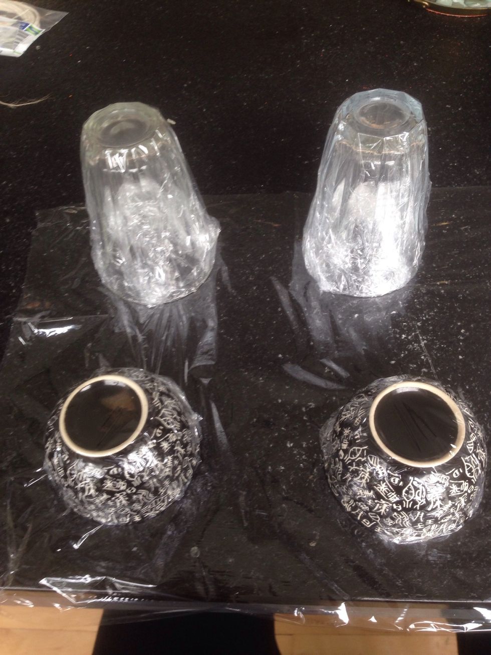 Prepare foiled bowls/glasses for all of your lace doilies