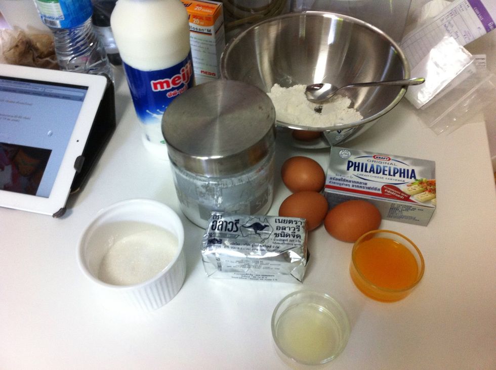 Prepare ingredient( butter and creamcheese in room temperature) ,separating eggs put yolk in another bowl and put the white in another bowl too.