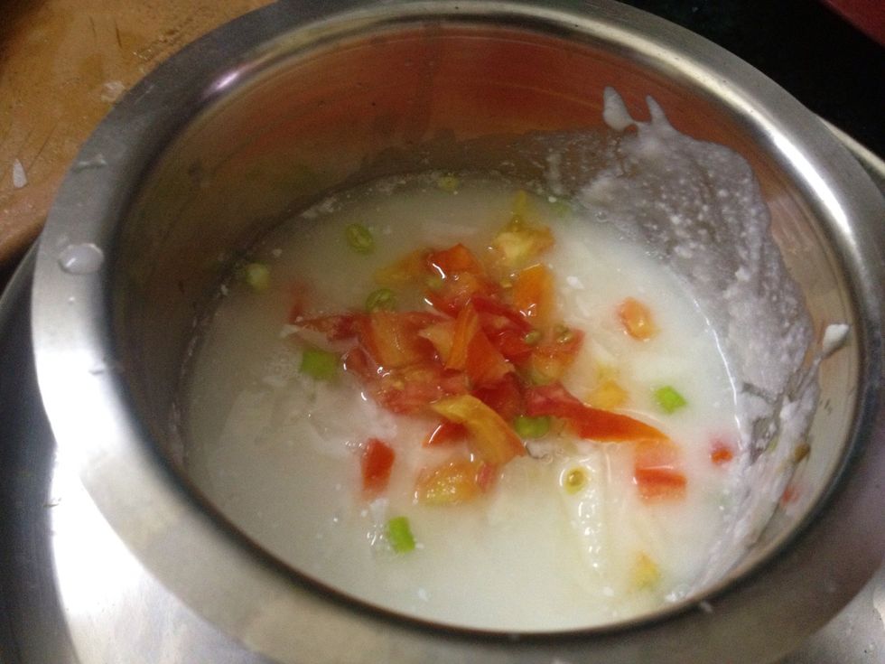 Prepare Raitha which is nothing but 1 cup of yogurt with chopped green chillies, tomato, onions and capsicum added to it... Pinch of salt for taste...