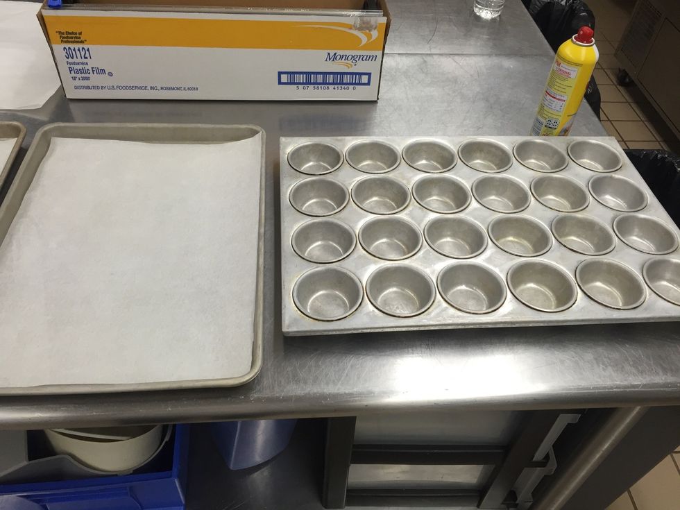 Prepare sheet pan or muffin tin with food release spray.