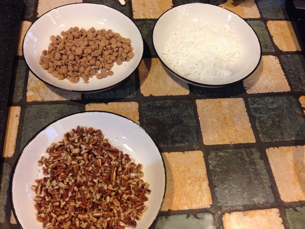 Prepare sides of any toppings you may like. Sweetened Coconut Flakes, finely chopped walnuts, Pb chips, anything you like just make sure it is chopped very small and fine or it will slide off