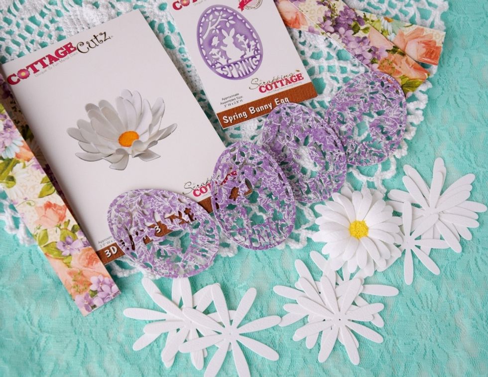 Prepare some die-cuts. I use CottageCutz 3D Flower 3 and CottageCutz Spring Bunny Egg (Elites)