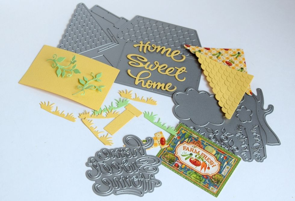 Prepare some die-cuts. I use CottageCutz Build-A-House Set 1 (Includes 2 Dies), CottageCutz Home Sweet Home Phrase and CottageCutz Grass, Tree & Vines