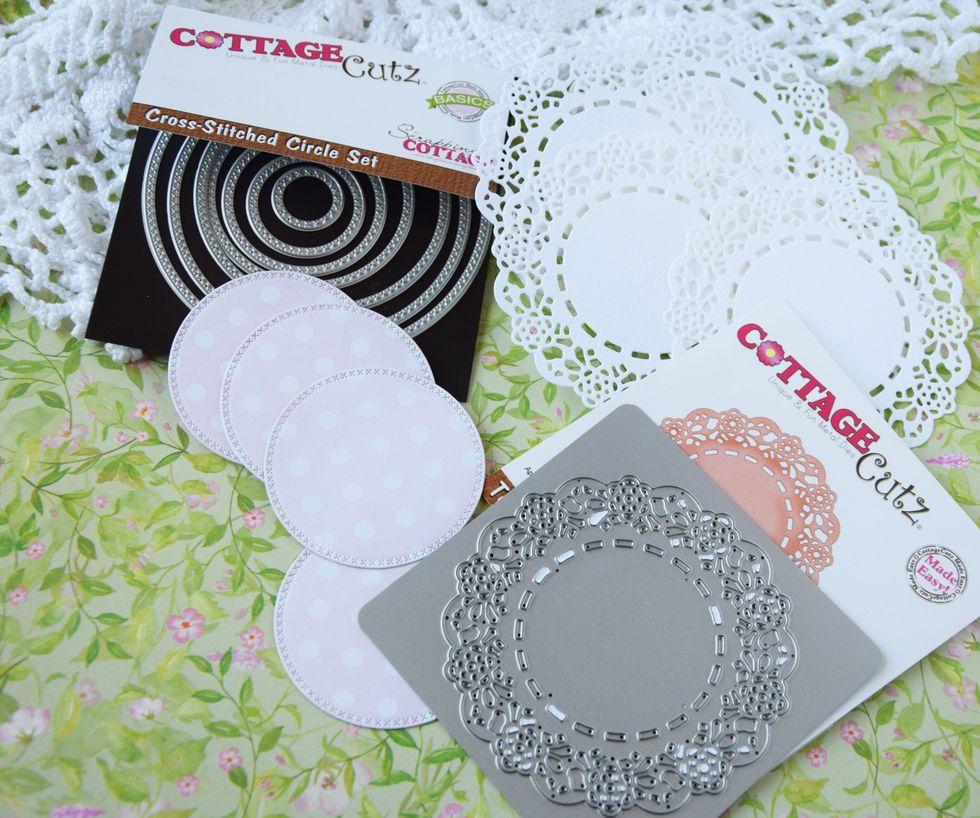 Prepare some die-cuts. I use CottageCutz Tea Time Doily (4x4) and CottageCutz Cross-Stitched Circle Set (Basics)
