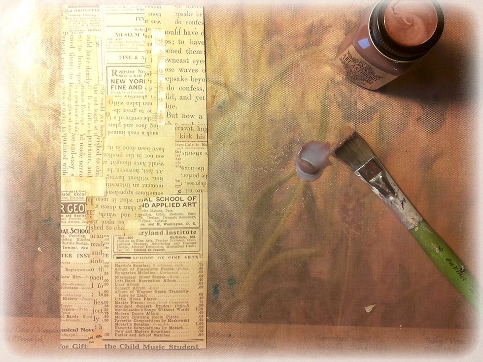 Prepare some patterned paper (this is from DCWV) with a wash from the Art Anthology Metal Effects "Bronze".