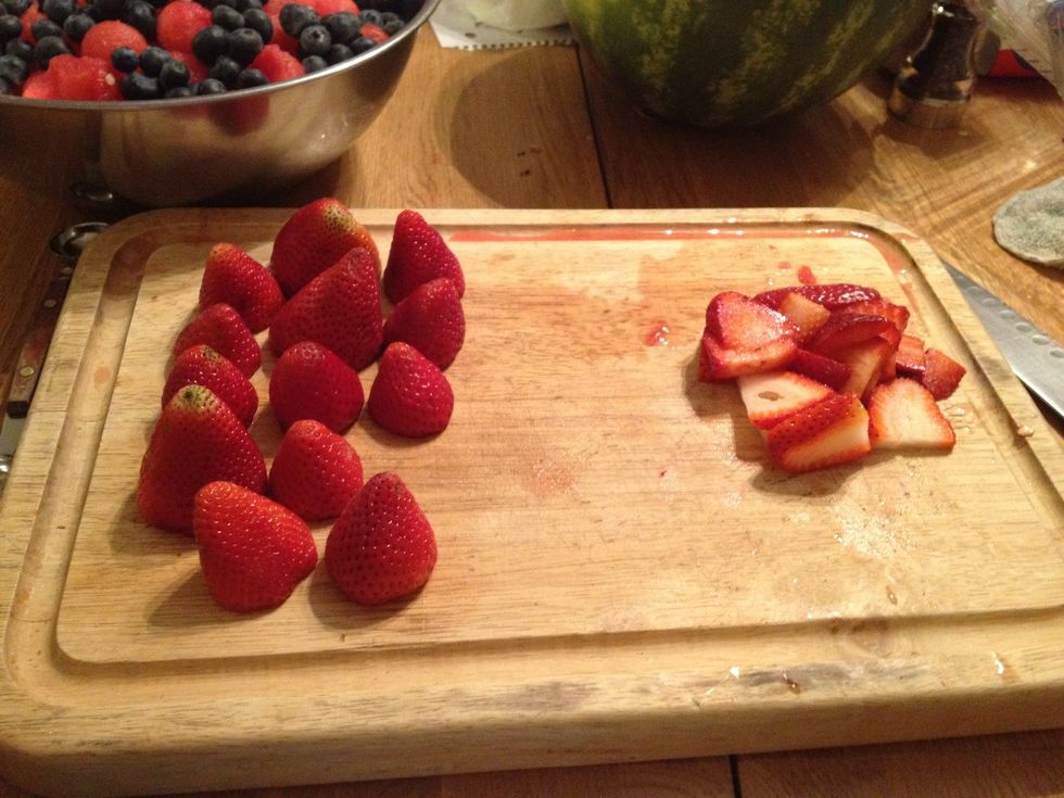 Prepare strawberries. (hint) if you cut off the caps of the berries and set them like this they are easier to slice.