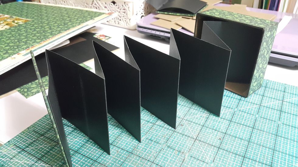 Prepare strips of black cardstock, I did 3 strips here, 12"x3-3/8" each and fold at every 3-3/8", adhere together to form the accordion, then connect all three parts together
