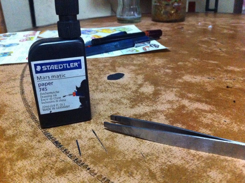 Prepare supplies: technical pen ink, tweezer and hot water