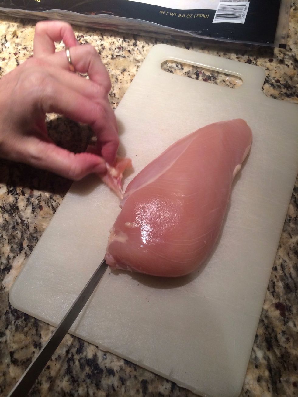 Prepare the chicken by cutting the fat off