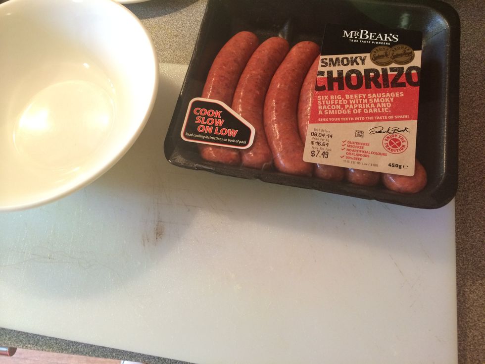 Prepare the chorizo by getting a bowl.