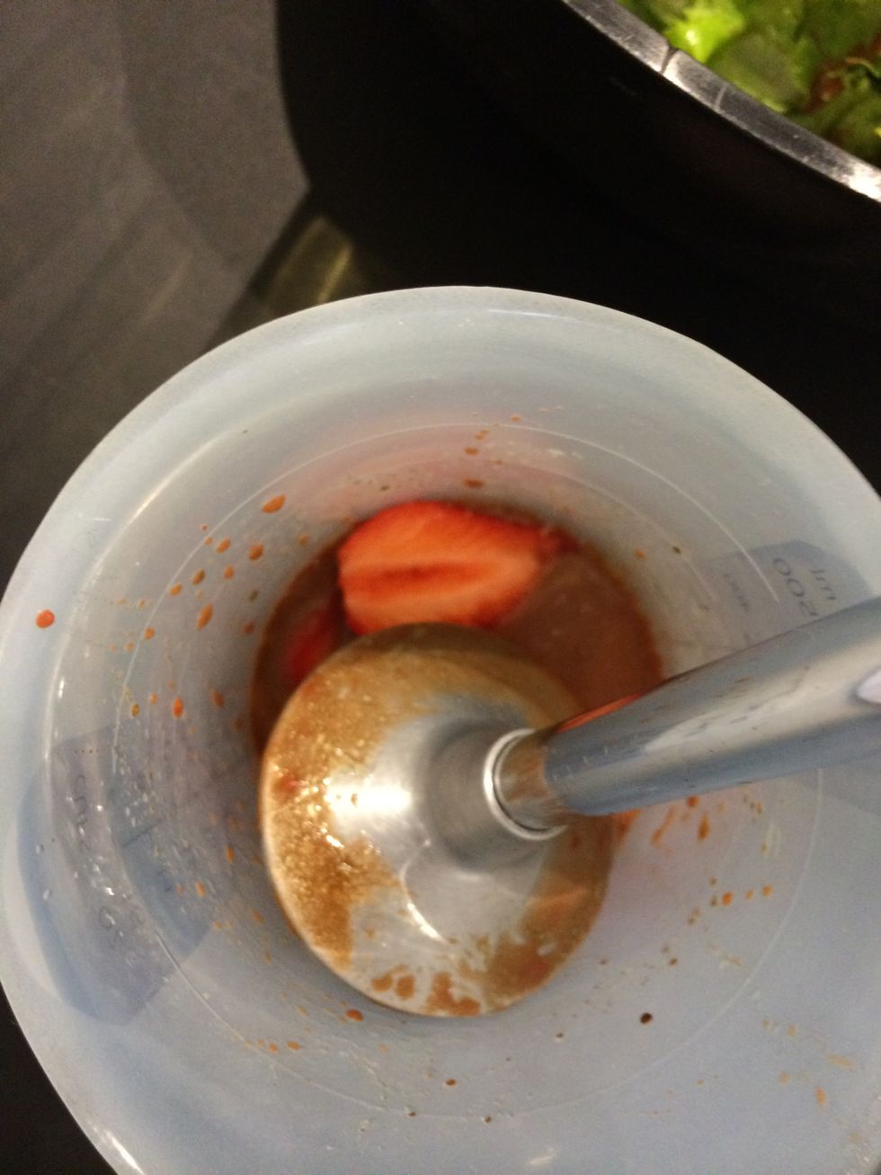 Prepare the dressing: balsamic 2TBsp olive oil 4 TBsp 1/2 Tsp mustard, salt and pepper. (Little salt is recommended. The cheese is salty.) also the 6 strawberries and blend