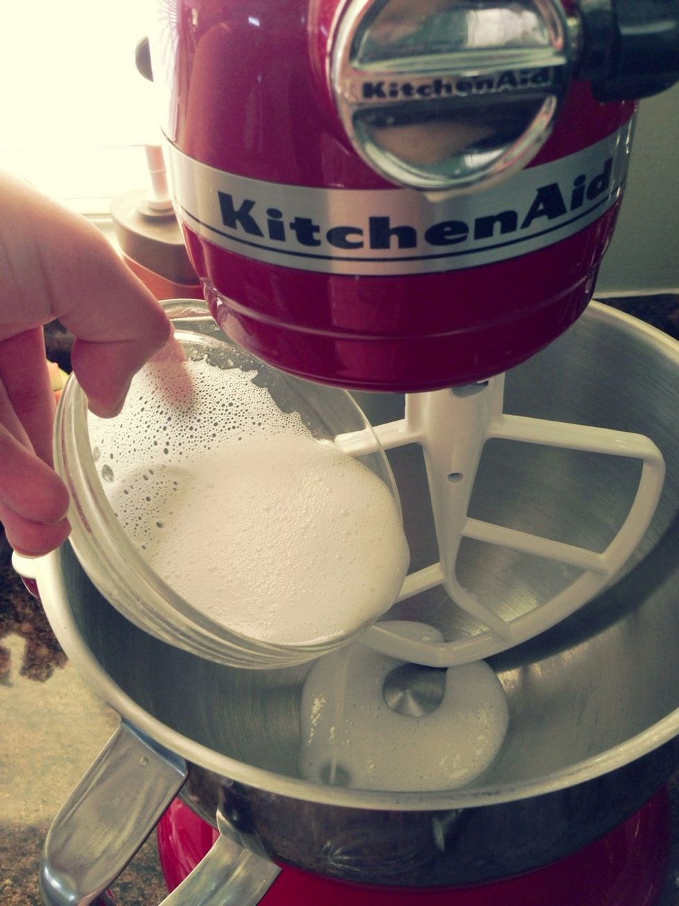 Prepare the egg replacer mixture (or actual eggs) and pour into a stand (or handheld) mixer fitted with the paddle attachment.