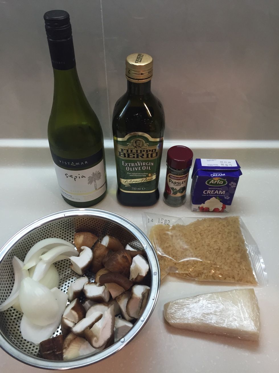 Prepare the ingredients.  For a two people serving, use 1/2 a glass of wine and 1/4 of an onion.