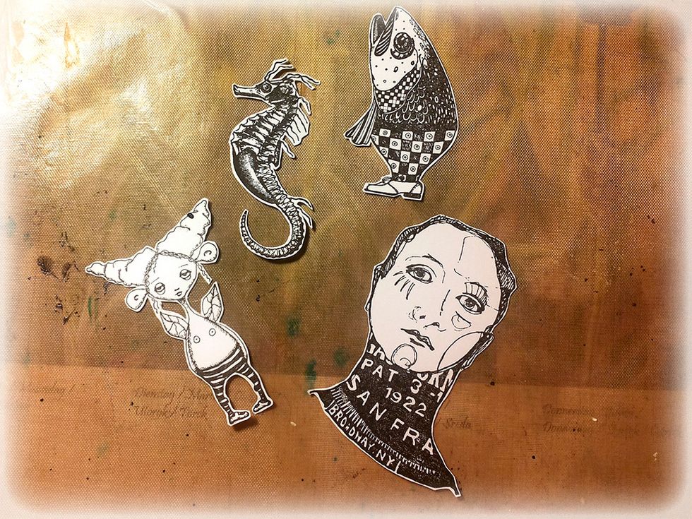 Prepare the main images. These are all stamps from Viva Las VegaStamps!. I stamped them with Archival Ink.