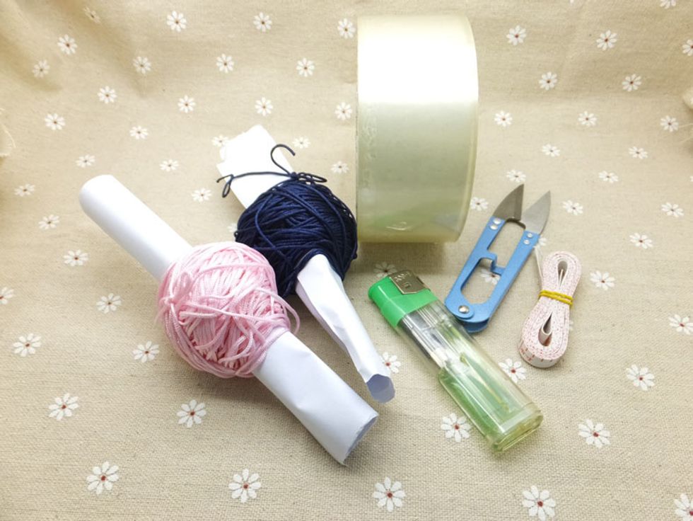 Prepare the Materials: No.72 Dark blue cord 4 meters No.72 Pink cord 2 meters Others:Scissor, Measuring tapes ,lighter
