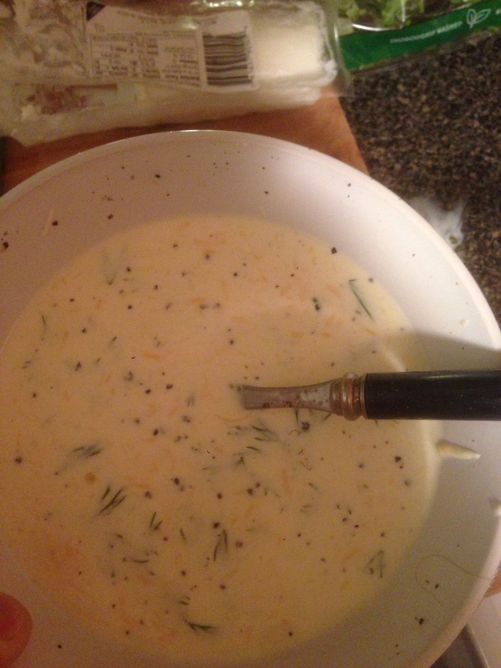 Prepare the mix : whip eggs with pepper and salt, add dill and cream. Facultative: add some grated cheese